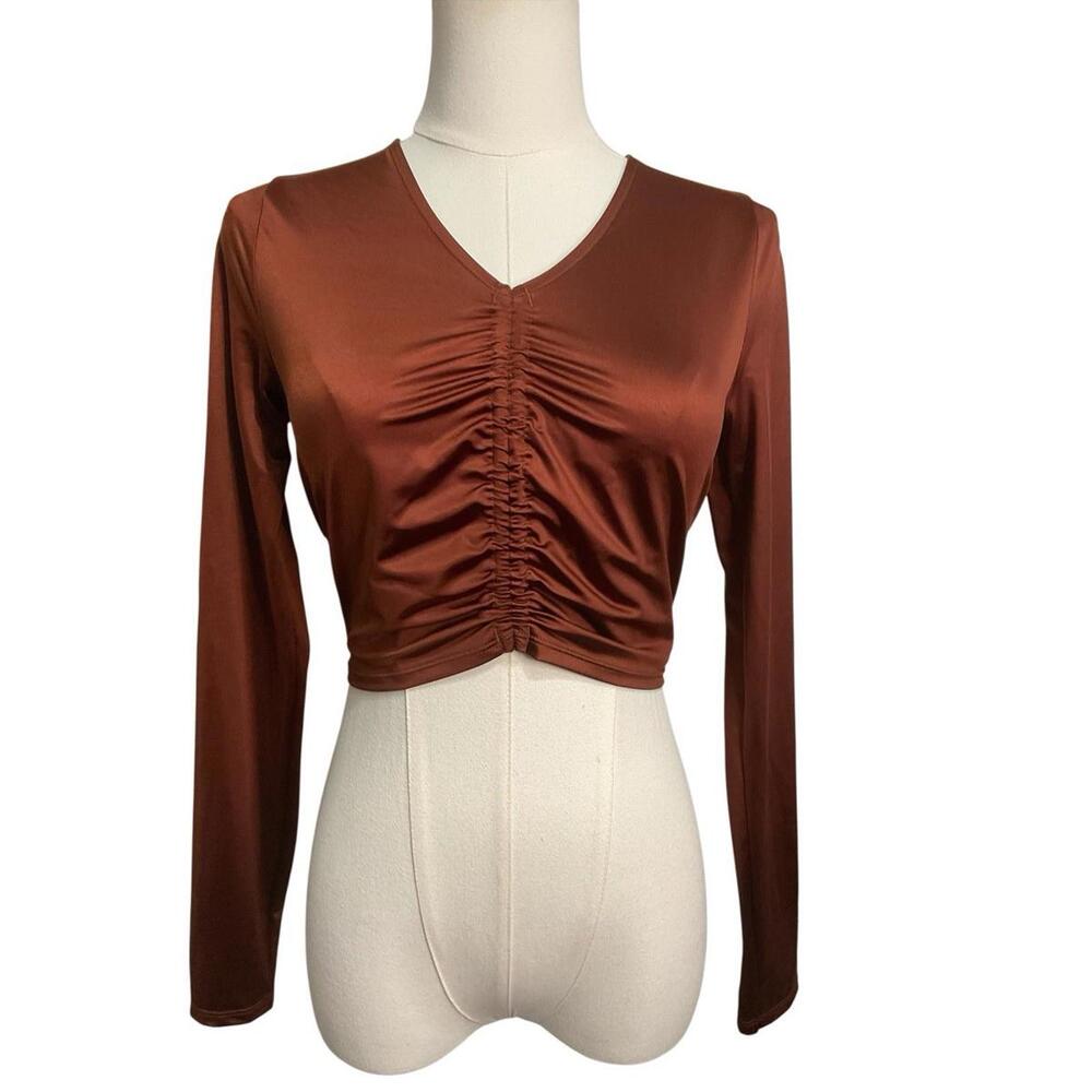 CALIA Long Sleeve Ruched Rashguard Top S Rust Brown Stretchy A17 - Picture 2 of 4